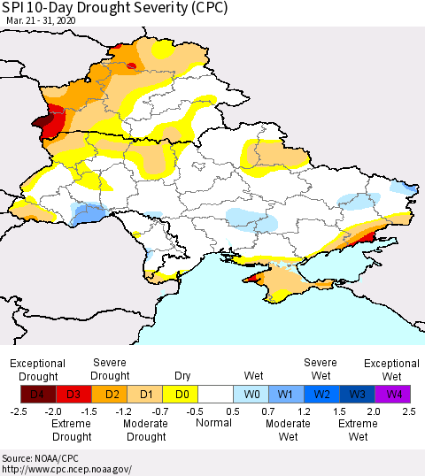 Ukraine, Moldova and Belarus SPI 10-Day Drought Severity (CPC) Thematic Map For 3/21/2020 - 3/31/2020