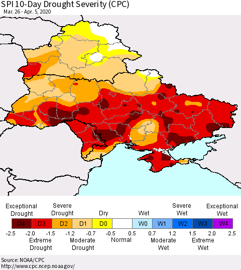 Ukraine, Moldova and Belarus SPI 10-Day Drought Severity (CPC) Thematic Map For 3/26/2020 - 4/5/2020
