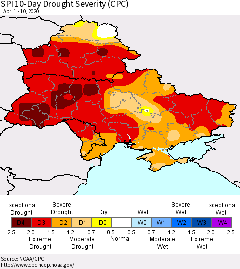 Ukraine, Moldova and Belarus SPI 10-Day Drought Severity (CPC) Thematic Map For 4/1/2020 - 4/10/2020