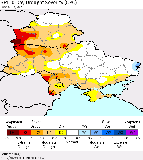 Ukraine, Moldova and Belarus SPI 10-Day Drought Severity (CPC) Thematic Map For 4/6/2020 - 4/15/2020