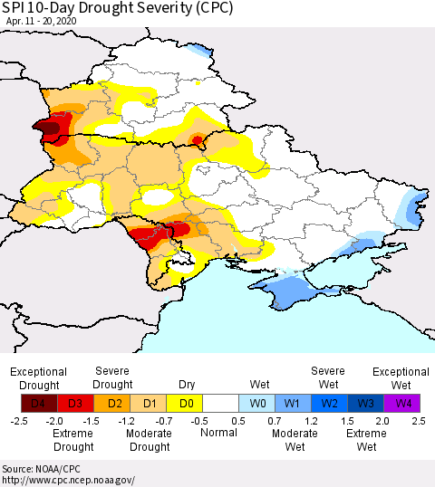 Ukraine, Moldova and Belarus SPI 10-Day Drought Severity (CPC) Thematic Map For 4/11/2020 - 4/20/2020