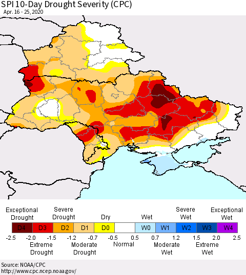 Ukraine, Moldova and Belarus SPI 10-Day Drought Severity (CPC) Thematic Map For 4/16/2020 - 4/25/2020