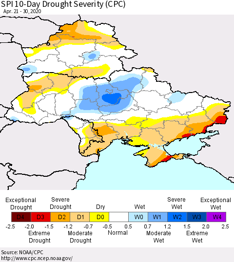 Ukraine, Moldova and Belarus SPI 10-Day Drought Severity (CPC) Thematic Map For 4/21/2020 - 4/30/2020