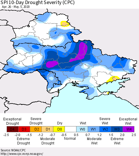 Ukraine, Moldova and Belarus SPI 10-Day Drought Severity (CPC) Thematic Map For 4/26/2020 - 5/5/2020