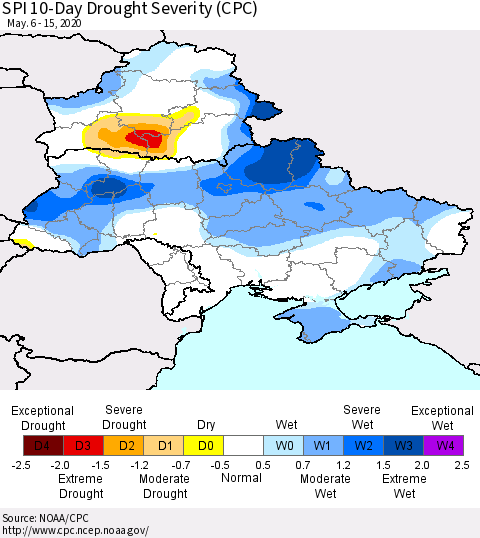 Ukraine, Moldova and Belarus SPI 10-Day Drought Severity (CPC) Thematic Map For 5/6/2020 - 5/15/2020