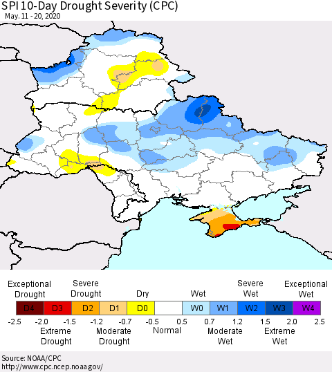 Ukraine, Moldova and Belarus SPI 10-Day Drought Severity (CPC) Thematic Map For 5/11/2020 - 5/20/2020