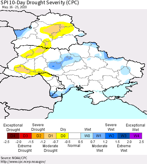 Ukraine, Moldova and Belarus SPI 10-Day Drought Severity (CPC) Thematic Map For 5/16/2020 - 5/25/2020