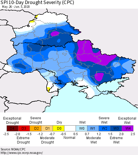 Ukraine, Moldova and Belarus SPI 10-Day Drought Severity (CPC) Thematic Map For 5/26/2020 - 6/5/2020