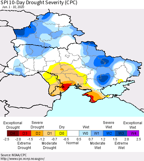 Ukraine, Moldova and Belarus SPI 10-Day Drought Severity (CPC) Thematic Map For 6/1/2020 - 6/10/2020