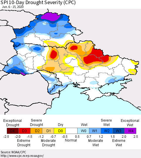 Ukraine, Moldova and Belarus SPI 10-Day Drought Severity (CPC) Thematic Map For 6/6/2020 - 6/15/2020
