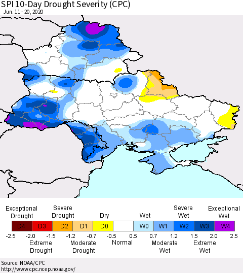 Ukraine, Moldova and Belarus SPI 10-Day Drought Severity (CPC) Thematic Map For 6/11/2020 - 6/20/2020
