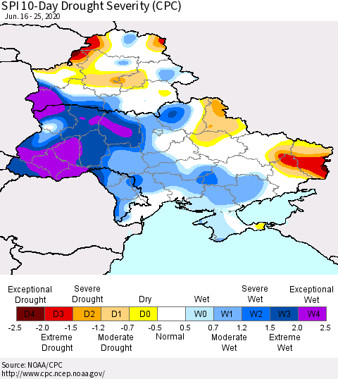 Ukraine, Moldova and Belarus SPI 10-Day Drought Severity (CPC) Thematic Map For 6/16/2020 - 6/25/2020