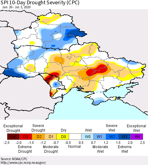 Ukraine, Moldova and Belarus SPI 10-Day Drought Severity (CPC) Thematic Map For 6/26/2020 - 7/5/2020
