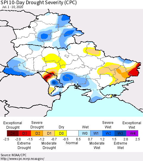 Ukraine, Moldova and Belarus SPI 10-Day Drought Severity (CPC) Thematic Map For 7/1/2020 - 7/10/2020