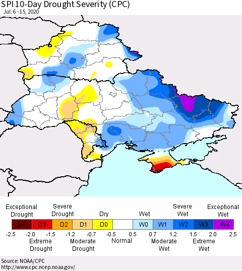 Ukraine, Moldova and Belarus SPI 10-Day Drought Severity (CPC) Thematic Map For 7/6/2020 - 7/15/2020