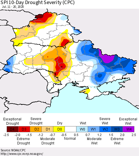 Ukraine, Moldova and Belarus SPI 10-Day Drought Severity (CPC) Thematic Map For 7/11/2020 - 7/20/2020