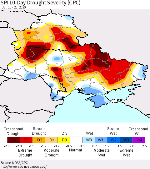 Ukraine, Moldova and Belarus SPI 10-Day Drought Severity (CPC) Thematic Map For 7/16/2020 - 7/25/2020