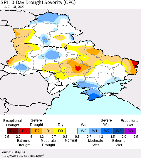 Ukraine, Moldova and Belarus SPI 10-Day Drought Severity (CPC) Thematic Map For 7/21/2020 - 7/31/2020