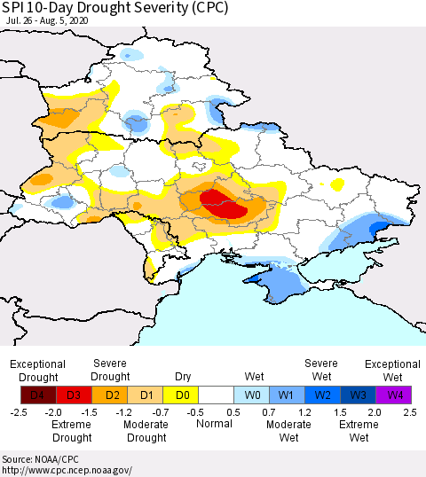 Ukraine, Moldova and Belarus SPI 10-Day Drought Severity (CPC) Thematic Map For 7/26/2020 - 8/5/2020