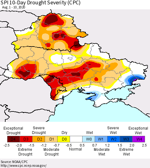 Ukraine, Moldova and Belarus SPI 10-Day Drought Severity (CPC) Thematic Map For 8/1/2020 - 8/10/2020