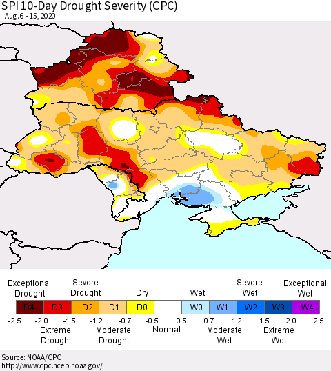 Ukraine, Moldova and Belarus SPI 10-Day Drought Severity (CPC) Thematic Map For 8/6/2020 - 8/15/2020