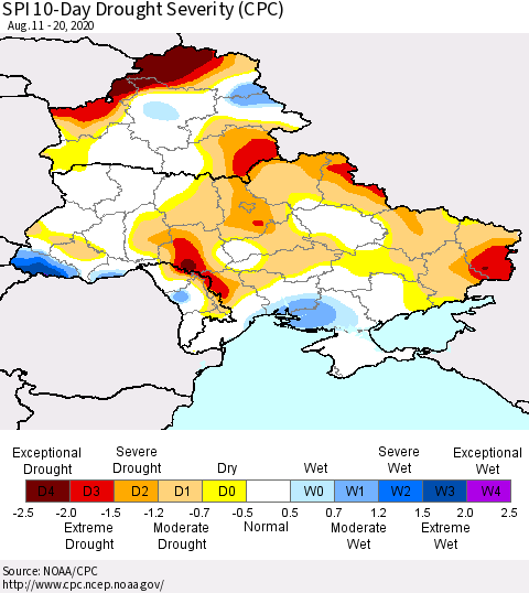 Ukraine, Moldova and Belarus SPI 10-Day Drought Severity (CPC) Thematic Map For 8/11/2020 - 8/20/2020