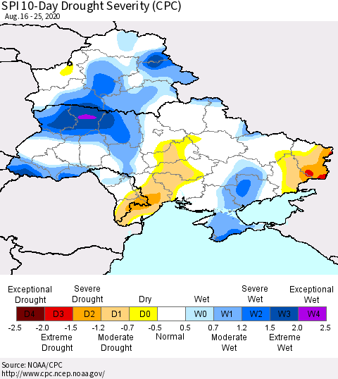 Ukraine, Moldova and Belarus SPI 10-Day Drought Severity (CPC) Thematic Map For 8/16/2020 - 8/25/2020