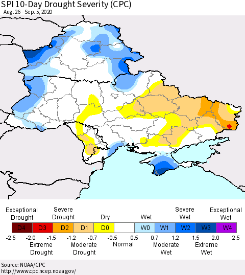 Ukraine, Moldova and Belarus SPI 10-Day Drought Severity (CPC) Thematic Map For 8/26/2020 - 9/5/2020
