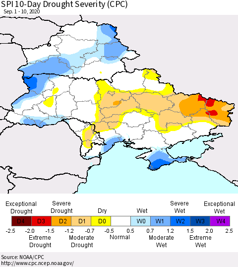 Ukraine, Moldova and Belarus SPI 10-Day Drought Severity (CPC) Thematic Map For 9/1/2020 - 9/10/2020