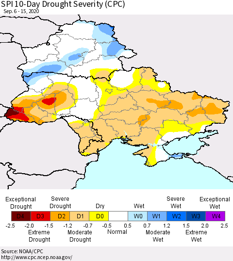 Ukraine, Moldova and Belarus SPI 10-Day Drought Severity (CPC) Thematic Map For 9/6/2020 - 9/15/2020