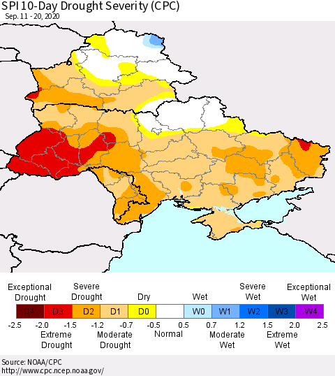 Ukraine, Moldova and Belarus SPI 10-Day Drought Severity (CPC) Thematic Map For 9/11/2020 - 9/20/2020