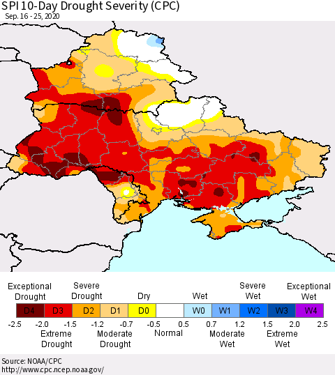 Ukraine, Moldova and Belarus SPI 10-Day Drought Severity (CPC) Thematic Map For 9/16/2020 - 9/25/2020