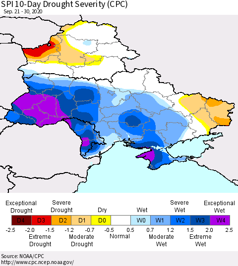 Ukraine, Moldova and Belarus SPI 10-Day Drought Severity (CPC) Thematic Map For 9/21/2020 - 9/30/2020