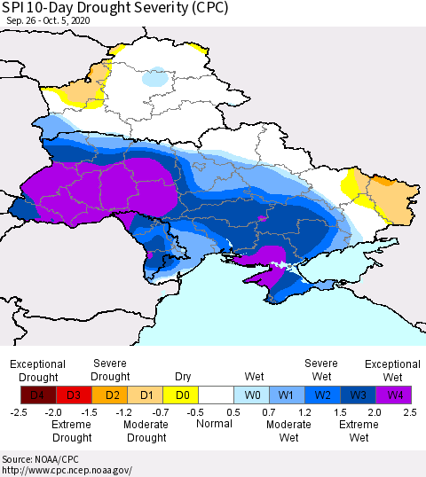 Ukraine, Moldova and Belarus SPI 10-Day Drought Severity (CPC) Thematic Map For 9/26/2020 - 10/5/2020
