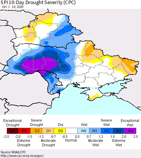 Ukraine, Moldova and Belarus SPI 10-Day Drought Severity (CPC) Thematic Map For 10/1/2020 - 10/10/2020