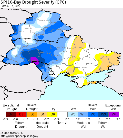 Ukraine, Moldova and Belarus SPI 10-Day Drought Severity (CPC) Thematic Map For 10/6/2020 - 10/15/2020