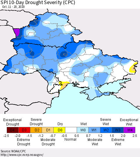 Ukraine, Moldova and Belarus SPI 10-Day Drought Severity (CPC) Thematic Map For 10/11/2020 - 10/20/2020
