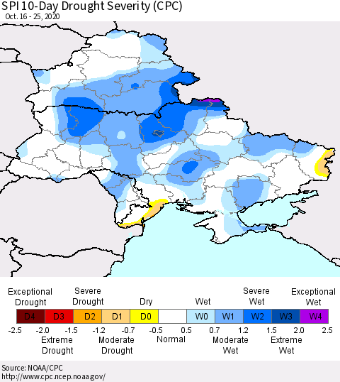Ukraine, Moldova and Belarus SPI 10-Day Drought Severity (CPC) Thematic Map For 10/16/2020 - 10/25/2020