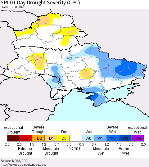 Ukraine, Moldova and Belarus SPI 10-Day Drought Severity (CPC) Thematic Map For 11/1/2020 - 11/10/2020