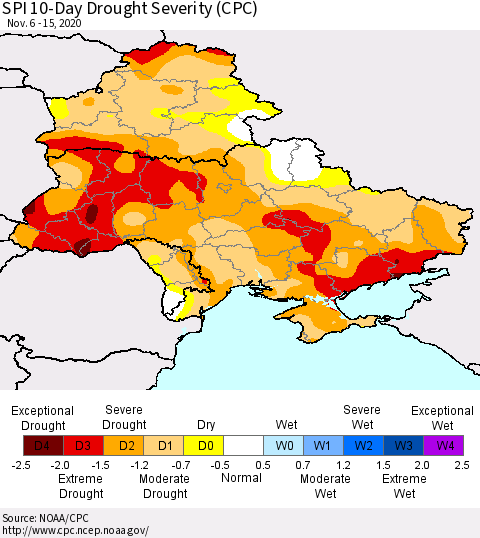 Ukraine, Moldova and Belarus SPI 10-Day Drought Severity (CPC) Thematic Map For 11/6/2020 - 11/15/2020