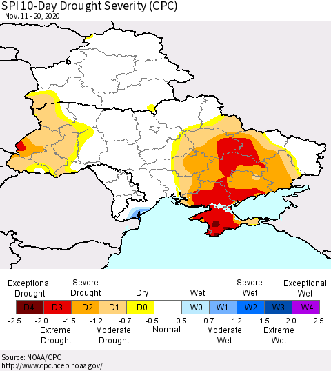 Ukraine, Moldova and Belarus SPI 10-Day Drought Severity (CPC) Thematic Map For 11/11/2020 - 11/20/2020