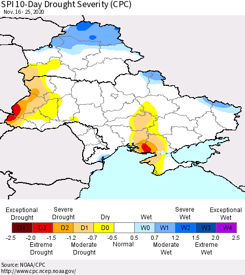 Ukraine, Moldova and Belarus SPI 10-Day Drought Severity (CPC) Thematic Map For 11/16/2020 - 11/25/2020