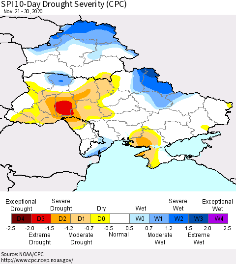 Ukraine, Moldova and Belarus SPI 10-Day Drought Severity (CPC) Thematic Map For 11/21/2020 - 11/30/2020