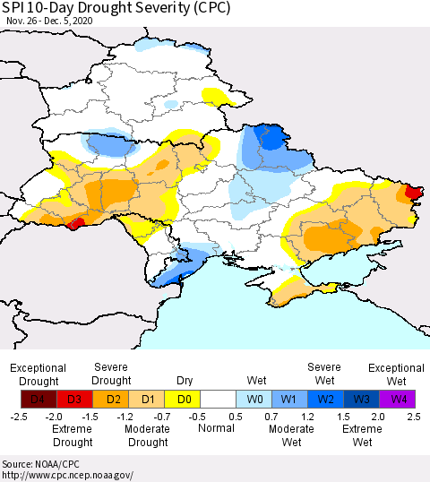 Ukraine, Moldova and Belarus SPI 10-Day Drought Severity (CPC) Thematic Map For 11/26/2020 - 12/5/2020