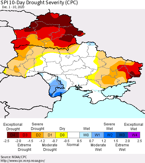 Ukraine, Moldova and Belarus SPI 10-Day Drought Severity (CPC) Thematic Map For 12/1/2020 - 12/10/2020