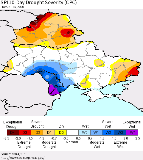 Ukraine, Moldova and Belarus SPI 10-Day Drought Severity (CPC) Thematic Map For 12/6/2020 - 12/15/2020