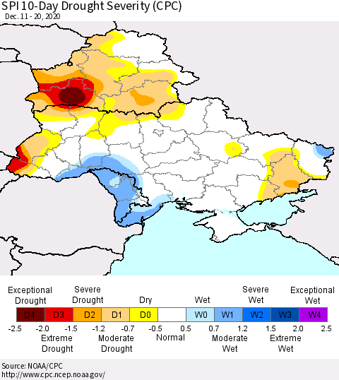 Ukraine, Moldova and Belarus SPI 10-Day Drought Severity (CPC) Thematic Map For 12/11/2020 - 12/20/2020