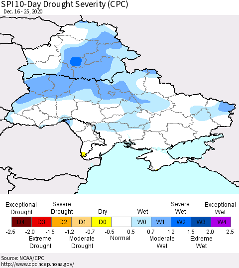 Ukraine, Moldova and Belarus SPI 10-Day Drought Severity (CPC) Thematic Map For 12/16/2020 - 12/25/2020
