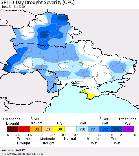 Ukraine, Moldova and Belarus SPI 10-Day Drought Severity (CPC) Thematic Map For 12/21/2020 - 12/31/2020