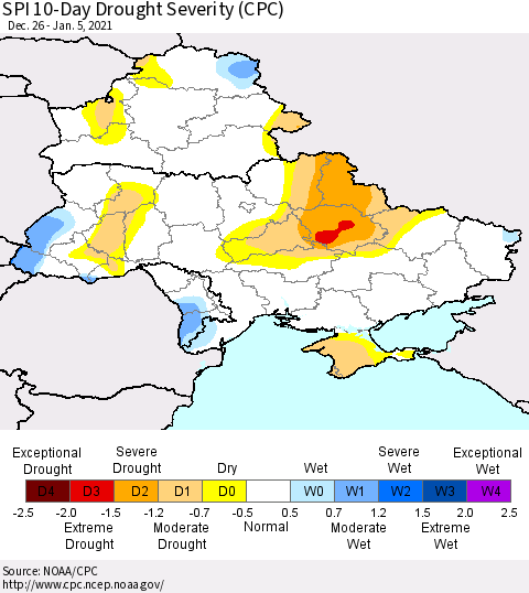 Ukraine, Moldova and Belarus SPI 10-Day Drought Severity (CPC) Thematic Map For 12/26/2020 - 1/5/2021
